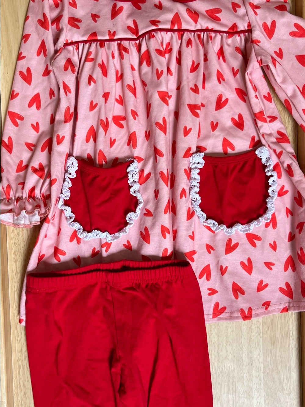 Girls' Pink & Red Heart Matching Set with Lace-Trim Pockets